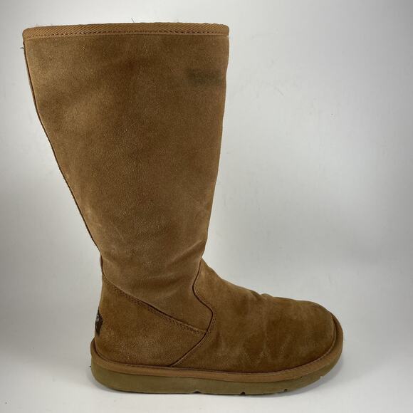 UGG 5235 Sunset Tall Tan Leather Shearling Lined Boots Womens Size 8 Chestnut - Picture 1 of 11